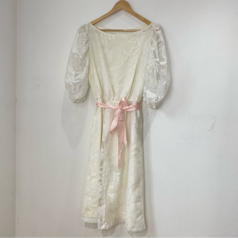 Vintage White Lacey Puff Sleeve Midi Dress